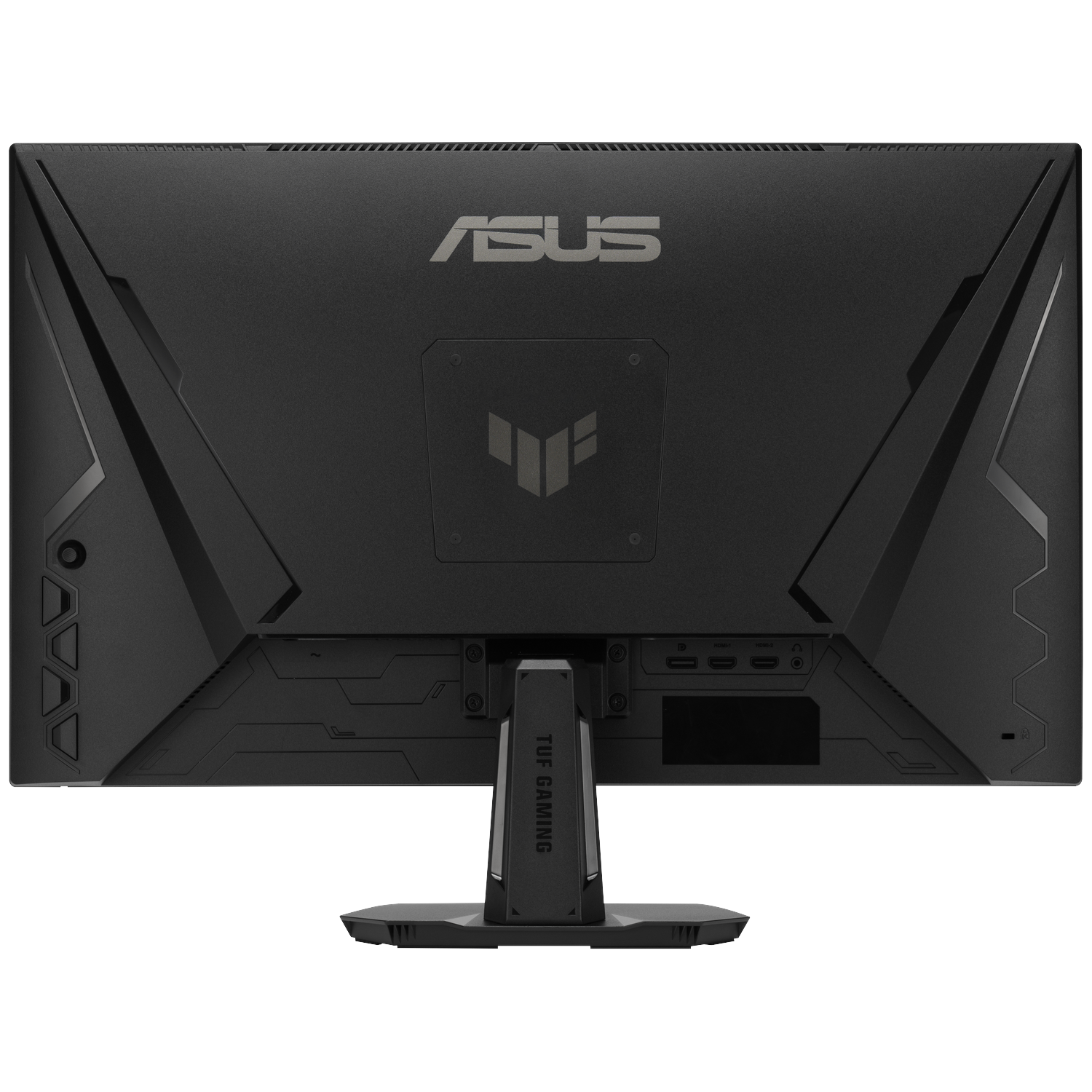 Achterkant van een zwarte ASUS gaming monitor met poorten en TUF GAMING logo.