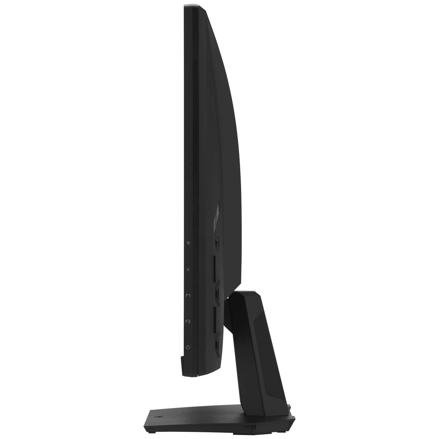 Zijaanzicht van een zwarte monitor met standaard en knoppen.