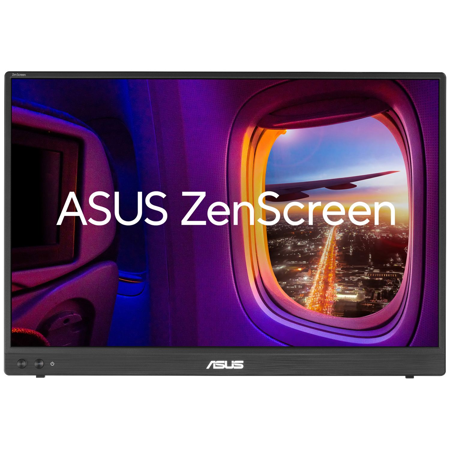 ASUS ZenScreen laptop op zwarte achtergrond, uitzicht vliegtuigraam