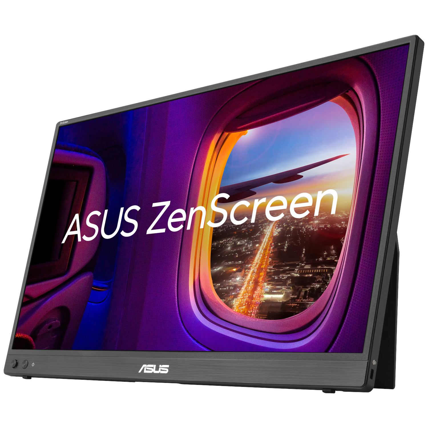 ASUS ZenScreen monitor toont uitzicht vliegtuigraam op stadslichten bij schemering.