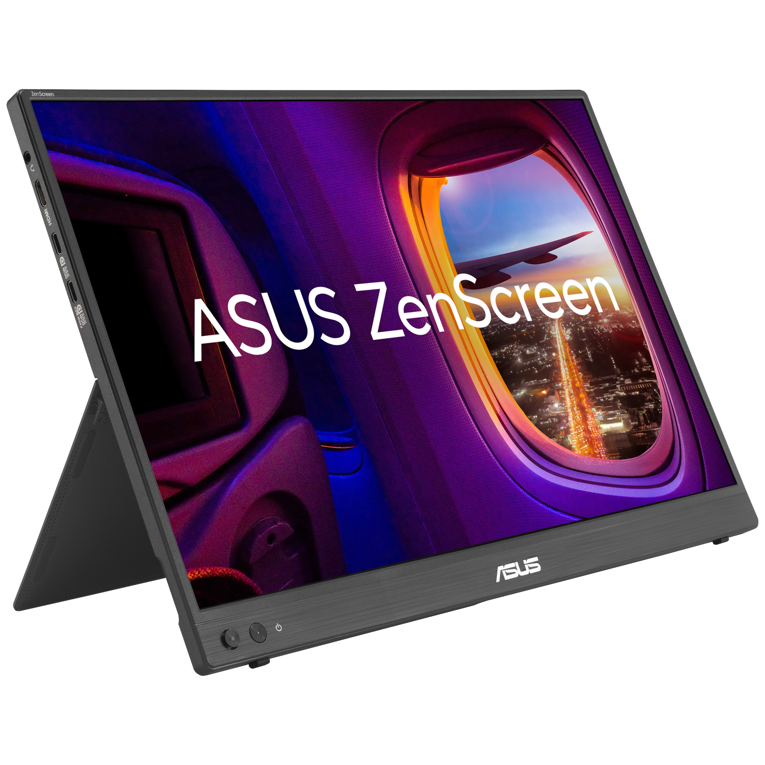 Een ASUS ZenScreen laptopmonitor toont een uitzicht door een vliegtuigraam.