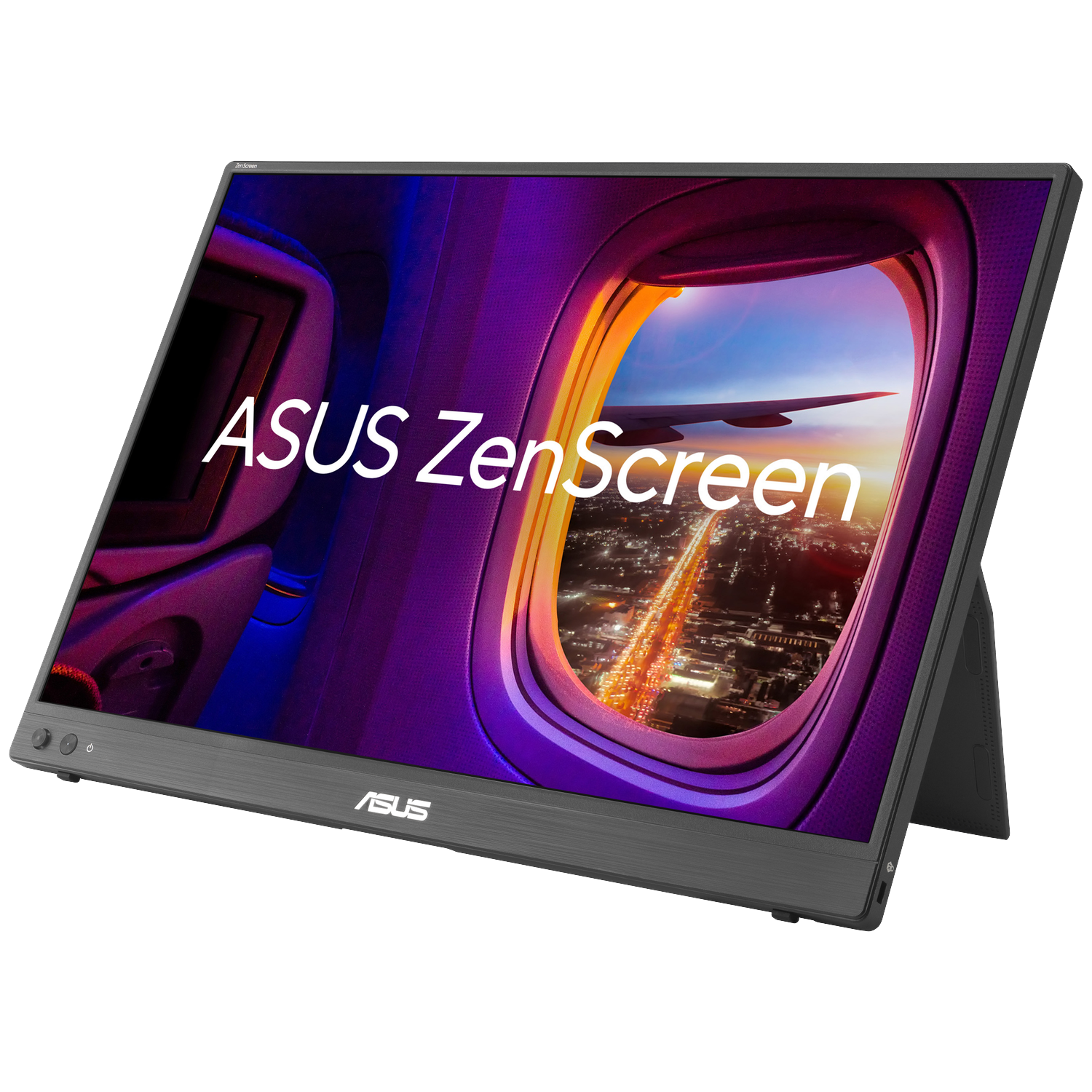 Draagbare ASUS ZenScreen monitor toont vliegtuigraam met uitzicht op stad en vleugel bij zonsondergang.