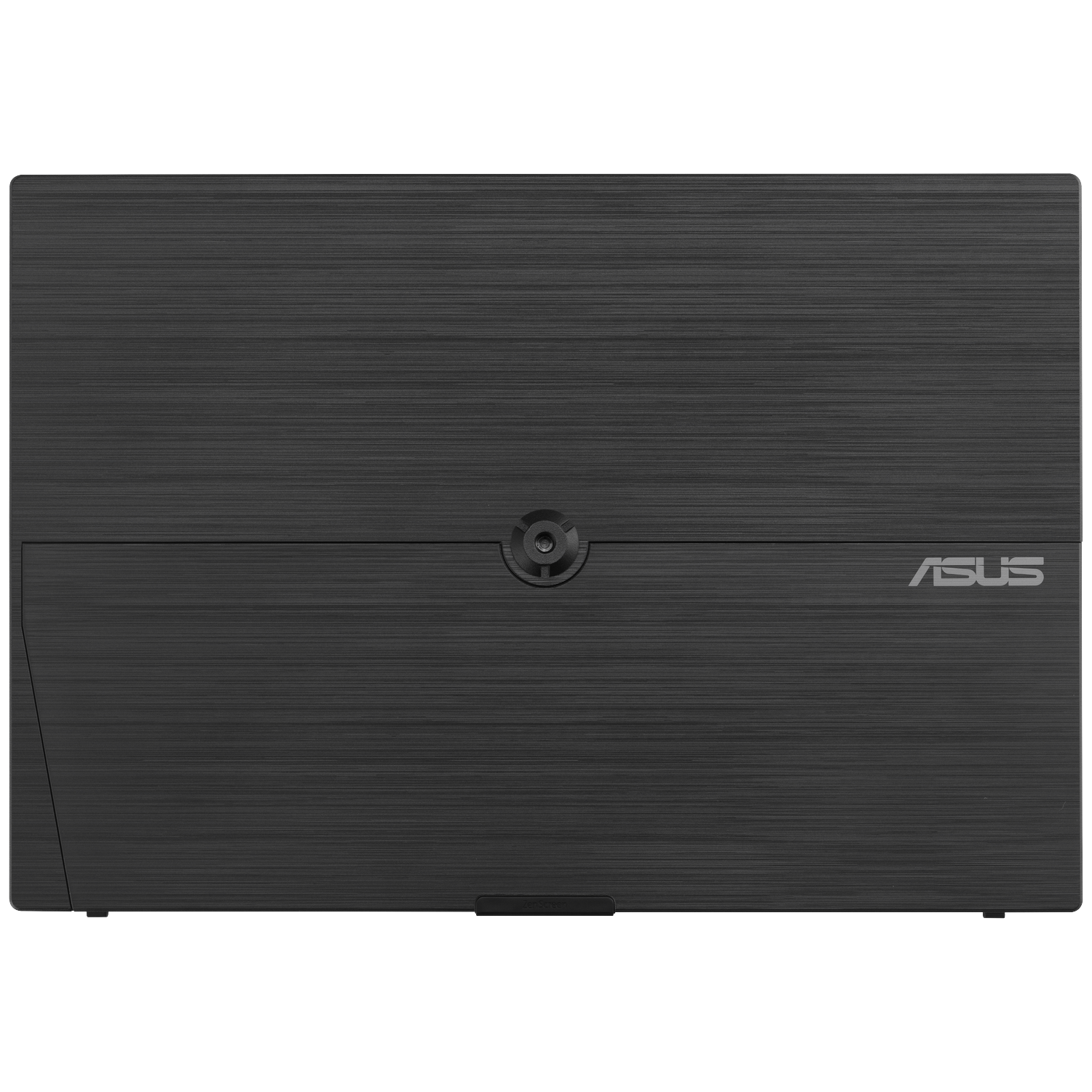 Gesloten zwarte laptop met geborstelde metalen afwerking en Asus-logo.