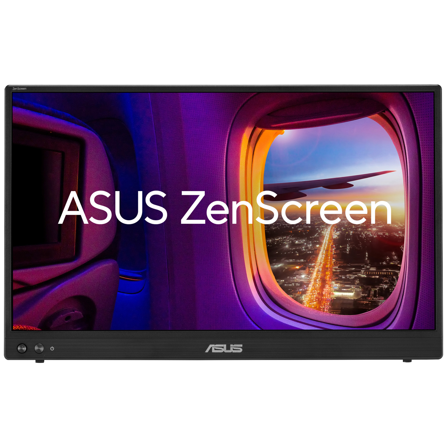Een ASUS ZenScreen monitor toont een vliegtuigcabine en een stad 's nachts.