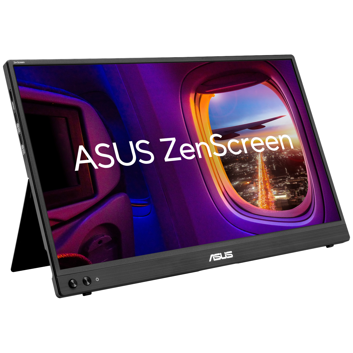 Zwarte ASUS ZenScreen monitor met vliegtuigraam-uitzicht over een stad 's nachts.