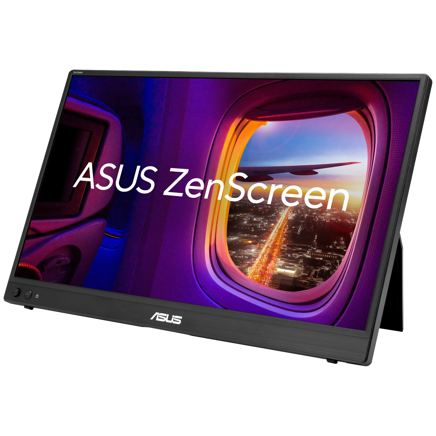 Een ASUS ZenScreen monitor toont een vliegtuigraam met uitzicht op een nachtelijke stad en een vliegtuigvleugel.