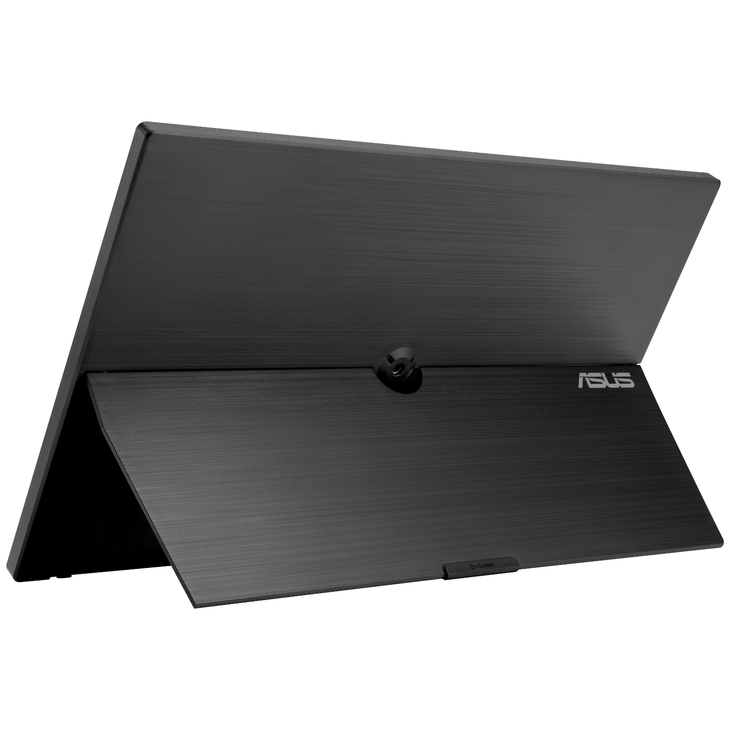 Een donkere, draagbare ASUS monitor met de standaard naar achteren gevouwen.