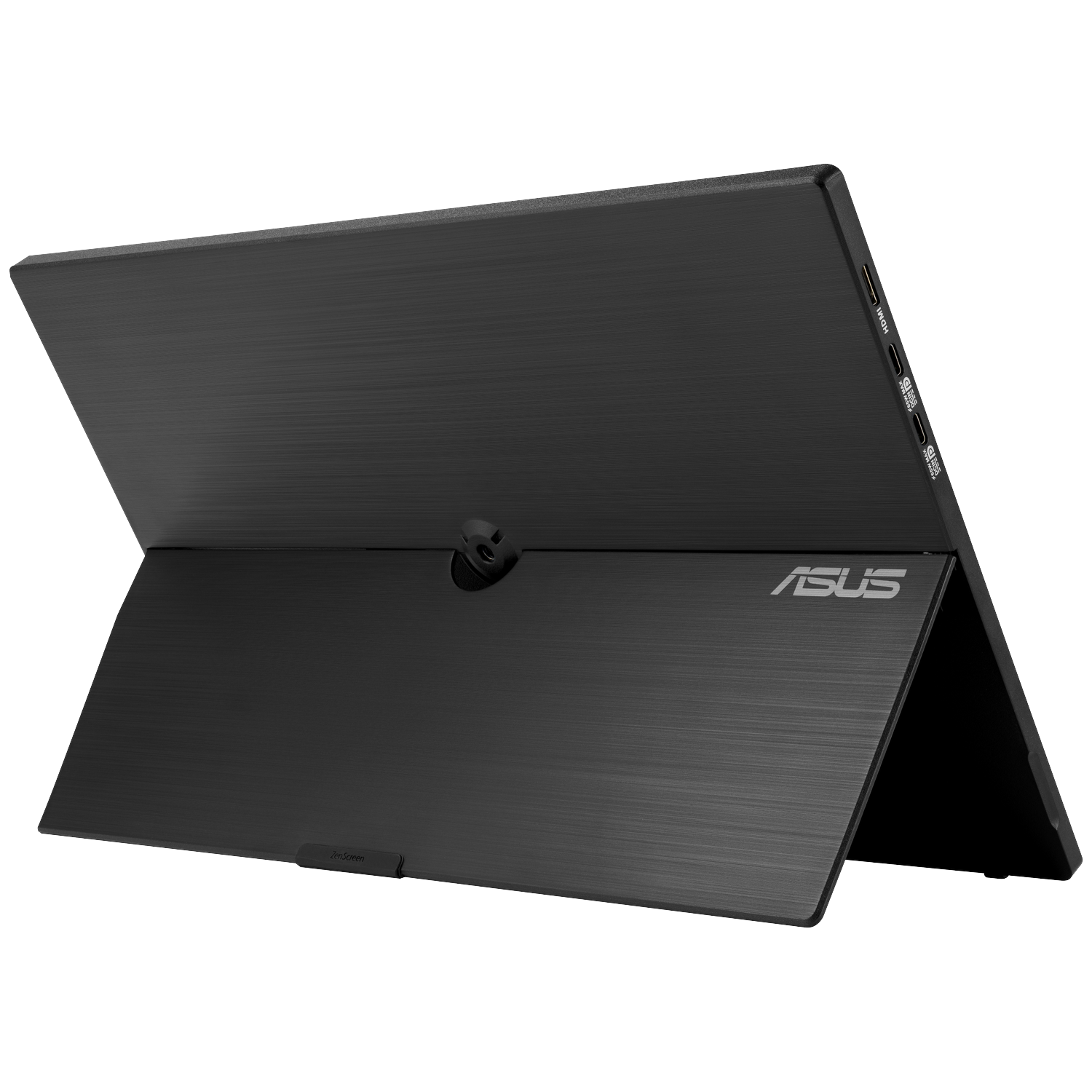 Zwarte ASUS ZenScreen draagbare monitor rechtopstaand, met poorten.