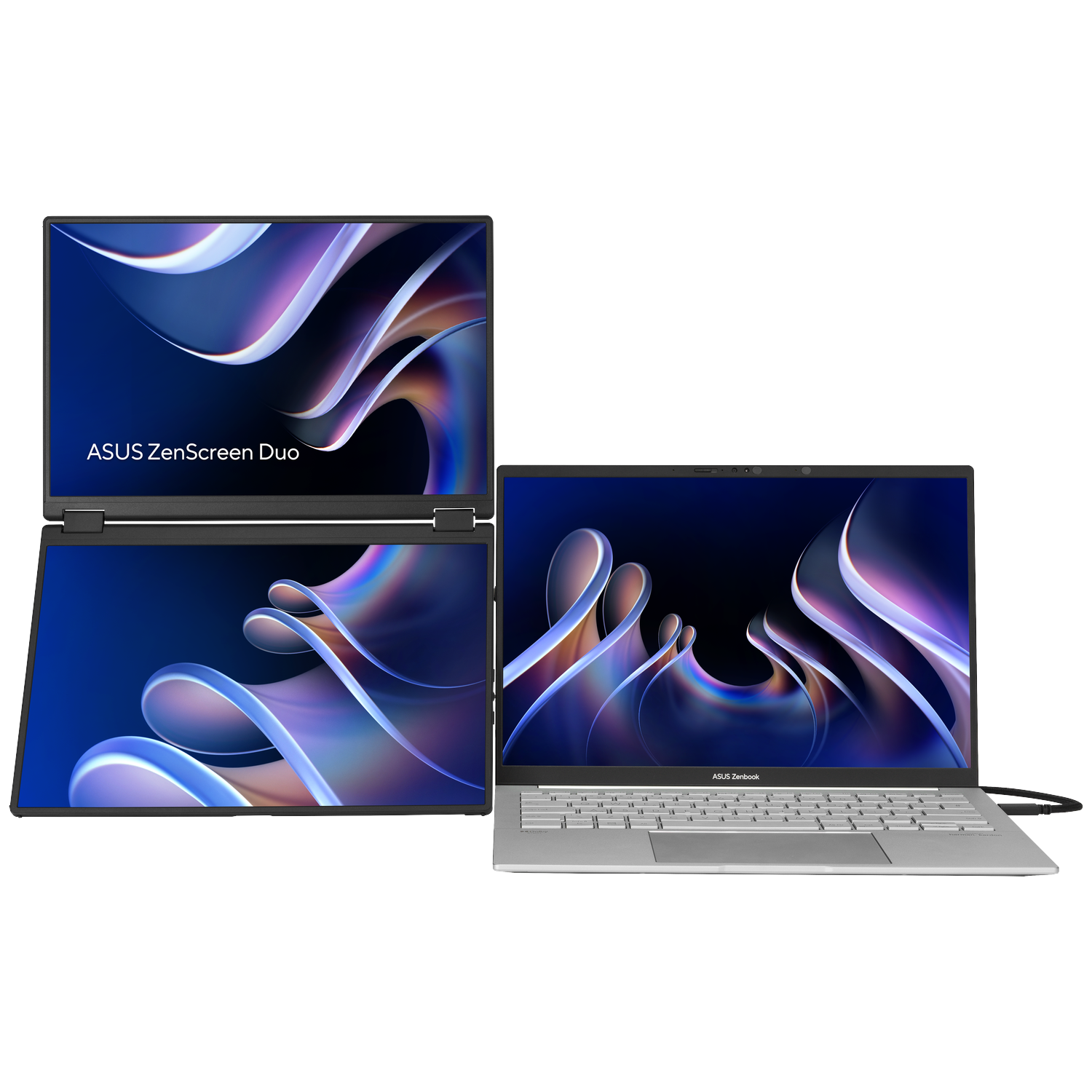 Een zilveren Asus Zenbook laptop met dubbele schermen, met abstracte achtergrondafbeelding.