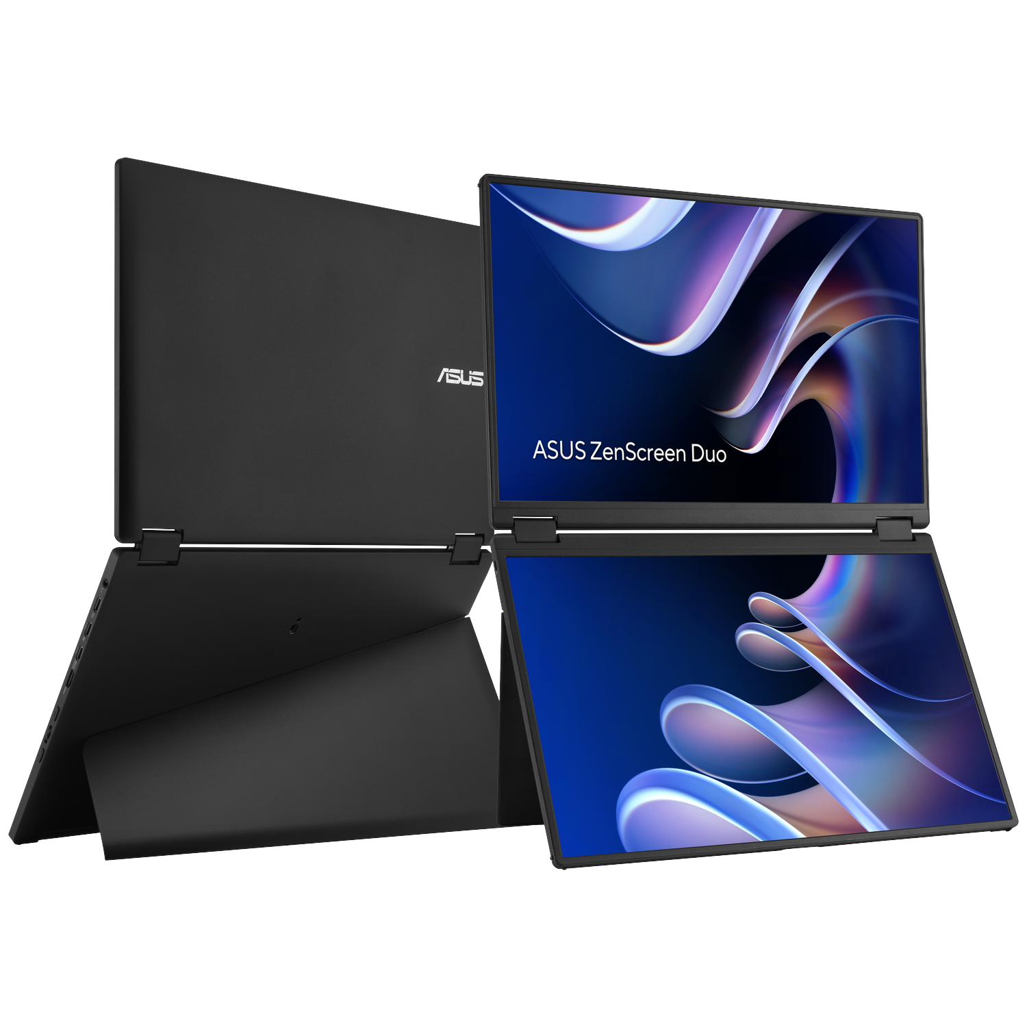 Zwarte Asus Zenbook Duo laptop met twee open schermen, waarop abstracte kleurrijke afbeeldingen worden getoond.
