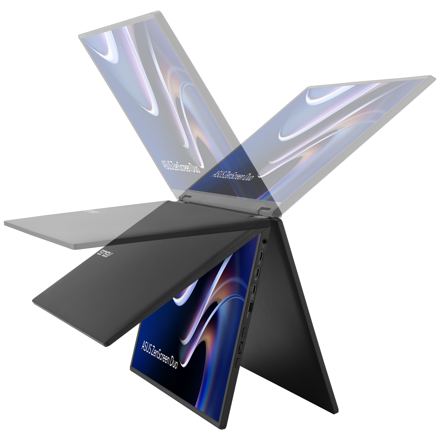 Een zwarte Asus Zenbook Duo laptop met twee schermen, geopend op zwarte achtergrond.