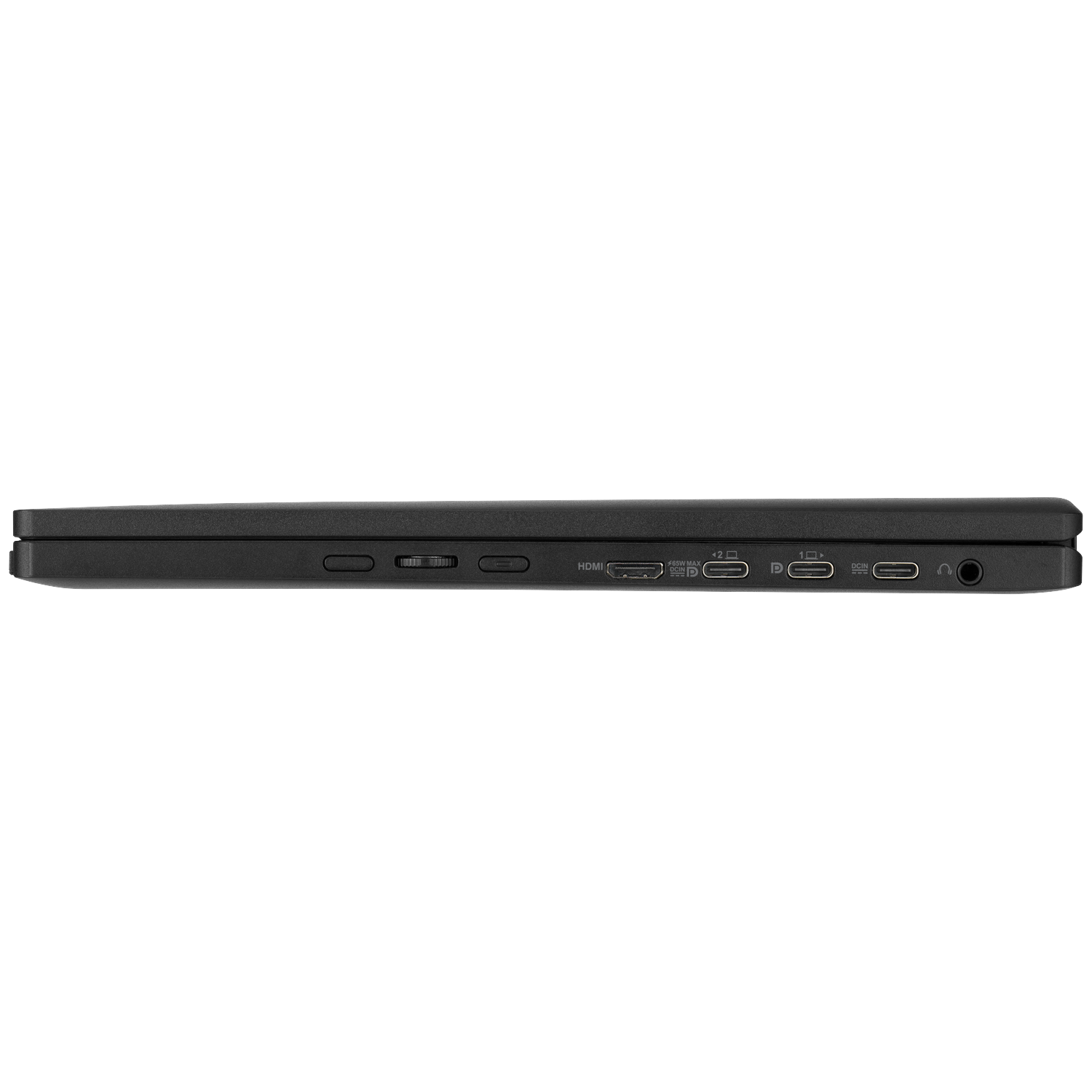 Zijaanzicht van een zwarte laptop met poorten: HDMI, USB-C (65W), DP, USB-C, DCIN, koptelefoonaansluiting.