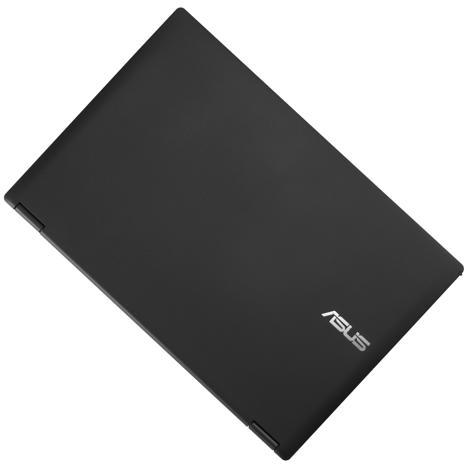 Gesloten zwarte Asus laptop met zilveren logo, schuin van bovenaf.