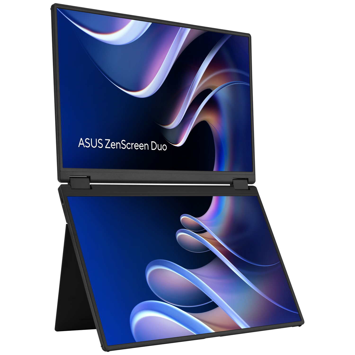 Een zwarte ASUS ZenScreen Duo met twee schermen die abstracte kunst tonen.