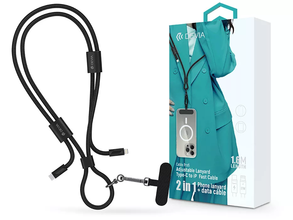 DEVIA Cable Pro5 USB-C Lightning adat és töltőkábel + nyakpánt, PD 27W, fonott, 1,6m, fekete (ST124981)