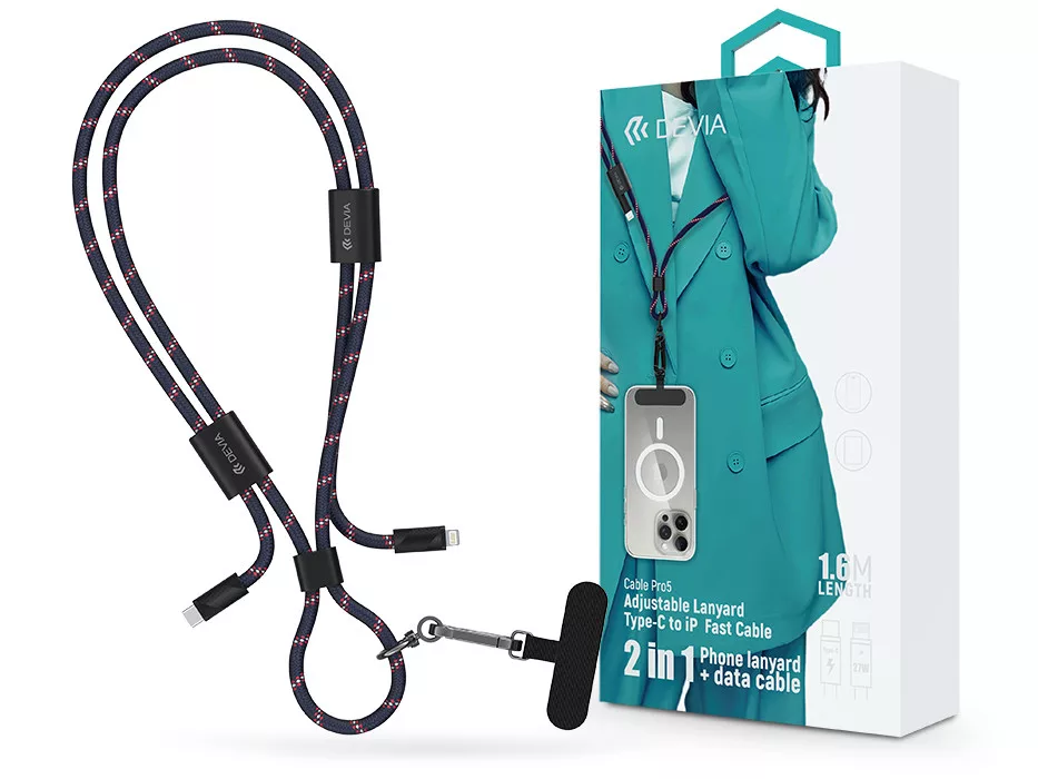 DEVIA Cable Pro5 USB-C Lightning adat és töltőkábel + nyakpánt, PD 27W, fonott, 1,6m, kék (ST125001)