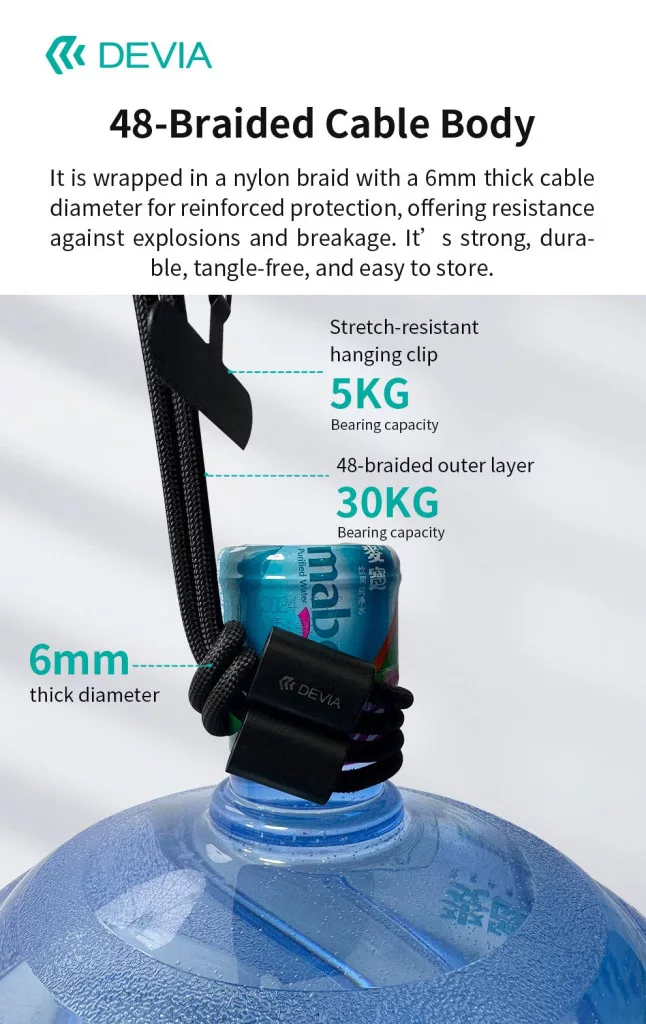 Egy 6mm vastag, fonott DEVIA kábel 30kg-ot bír, 5kg-os csipeszzel, vizes palackon lóg.