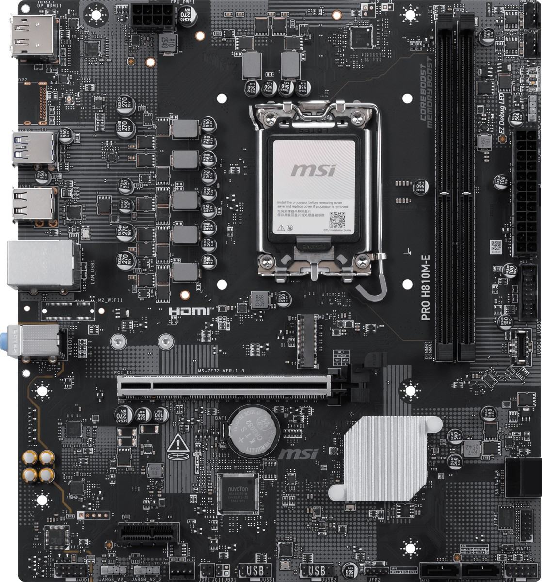 CPU soketi, RAM yuvaları ve bağlantı noktalarına sahip siyah bir MSI anakart.