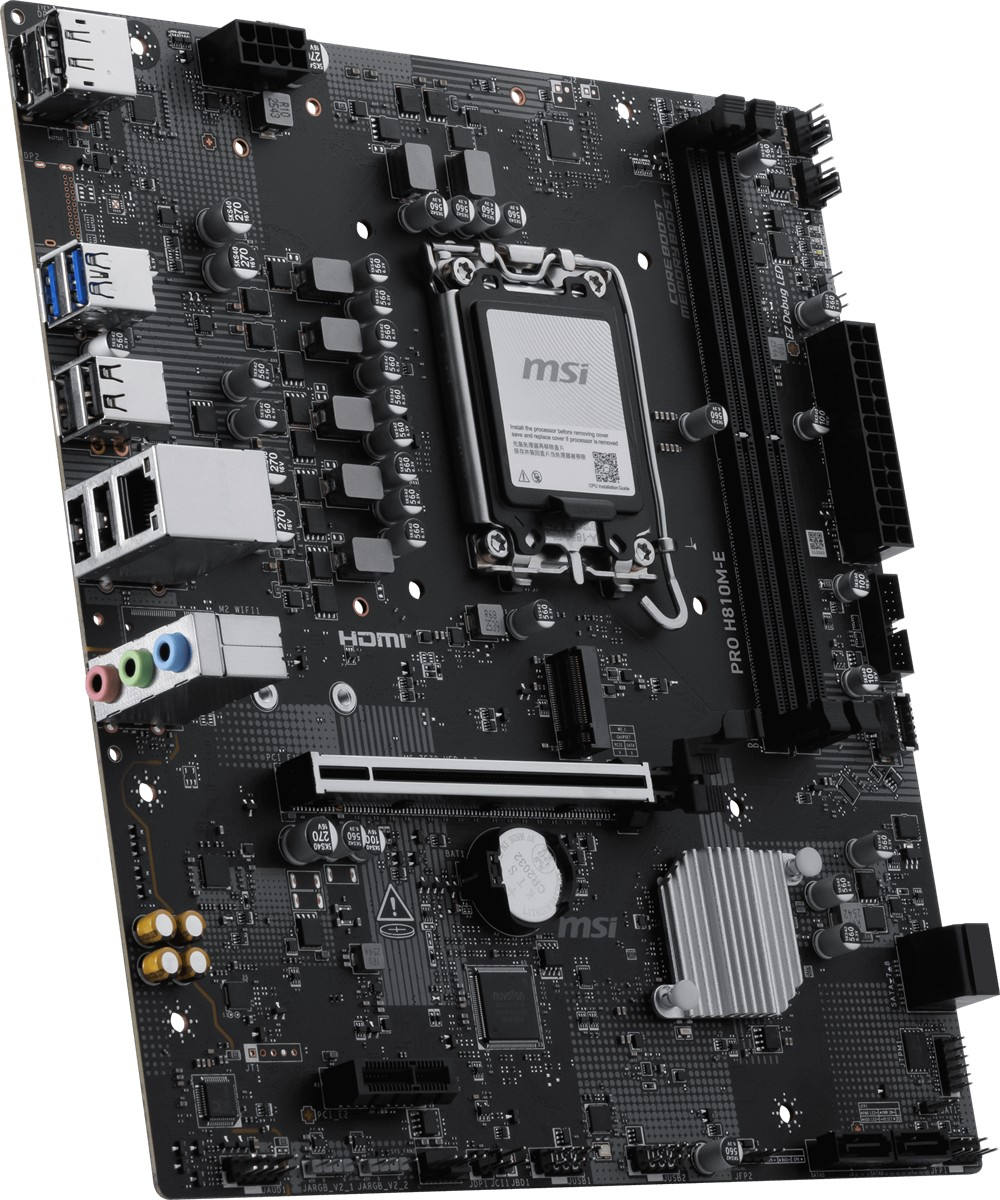 CPU soketi, RAM yuvaları ve bağlantı noktalarına sahip siyah anakart.