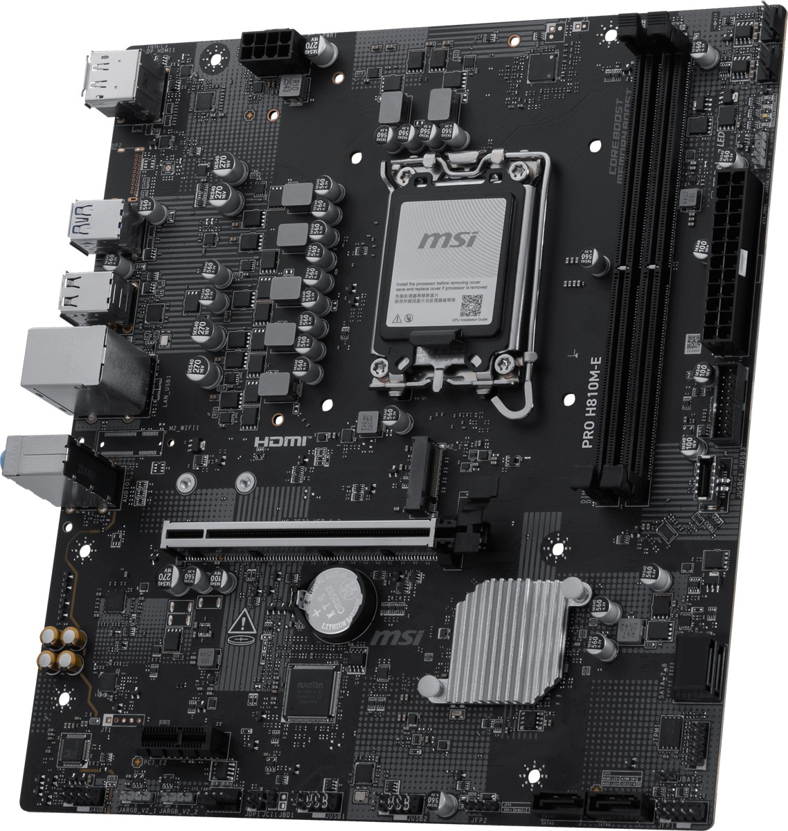 CPU soketi, RAM yuvaları ve portları olan siyah MSI PRO H810M-E anakart.