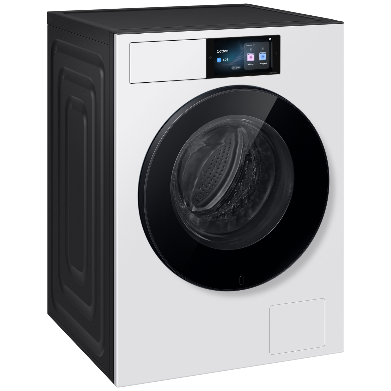Een witte wasmachine met een zwarte deur en een touchscreen display.