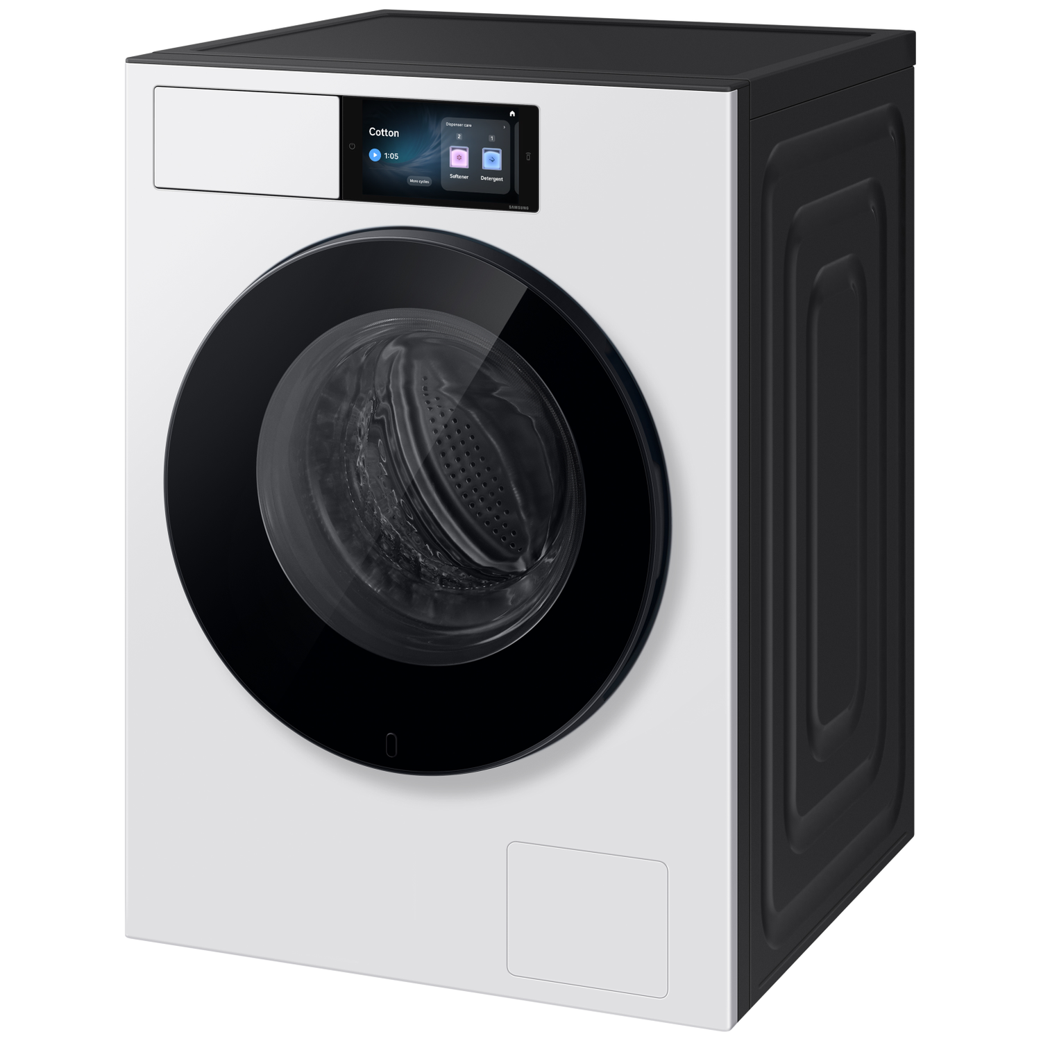 Een witte en zwarte wasmachine met digitaal display en glazen deur.