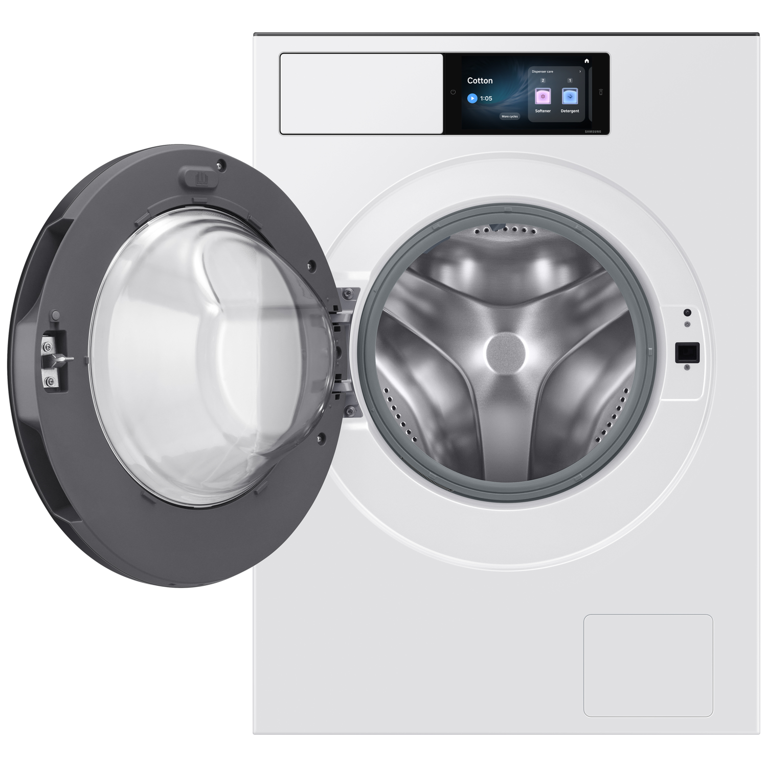 Een witte wasmachine met de deur open en een digitaal bedieningspaneel.
