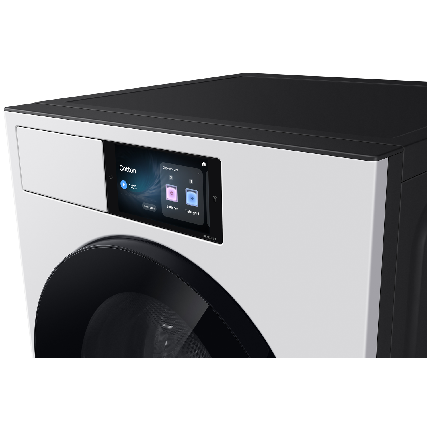 Een witte wasmachine met een zwarte deur en een touchscreen display.