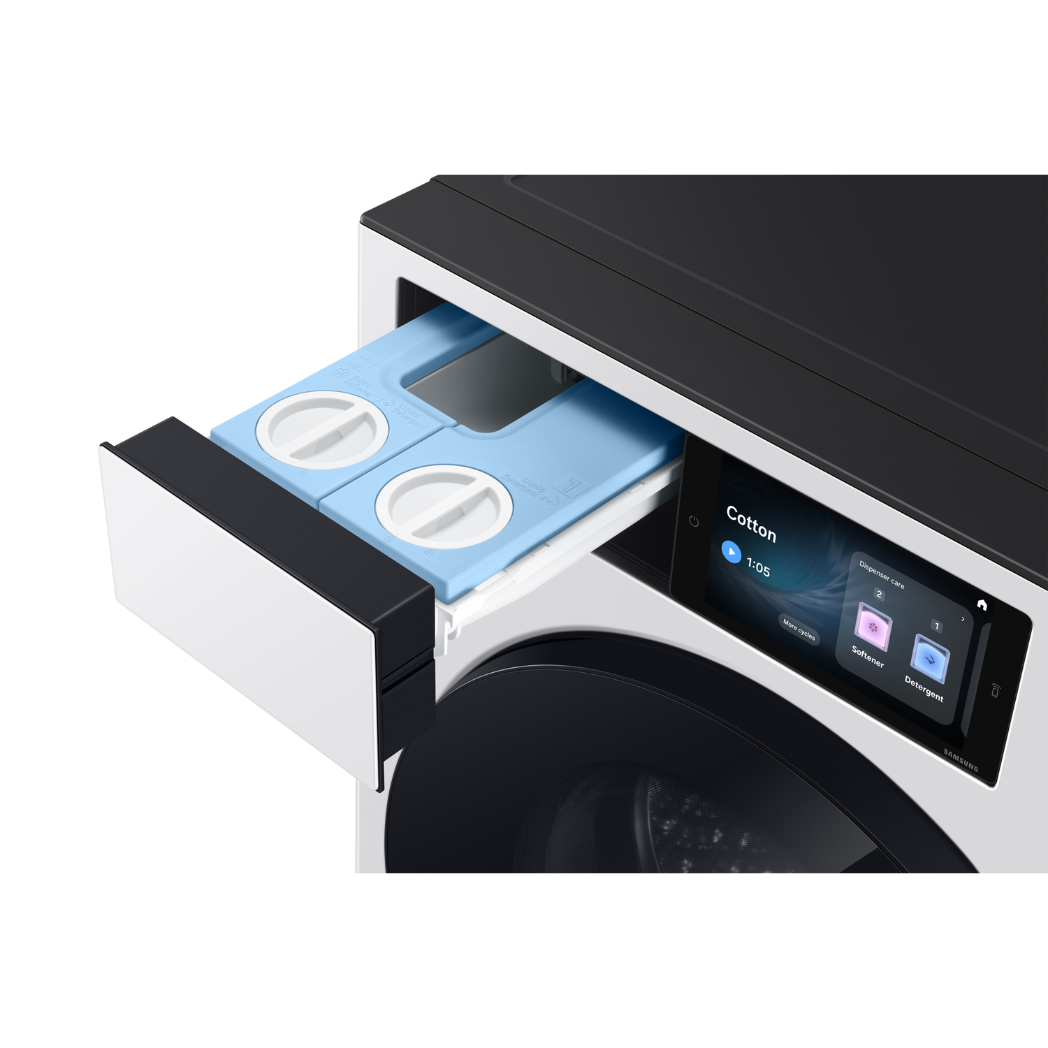 Een wasmachine met het wasmiddel- en wasverzachterlade uitgetrokken.