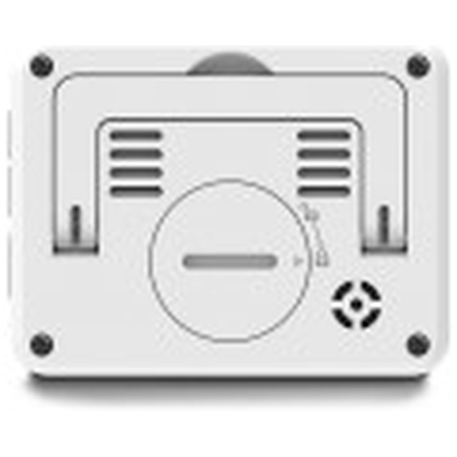 Achterkant van een witte digitale timer met standaard en ventilatieopeningen.