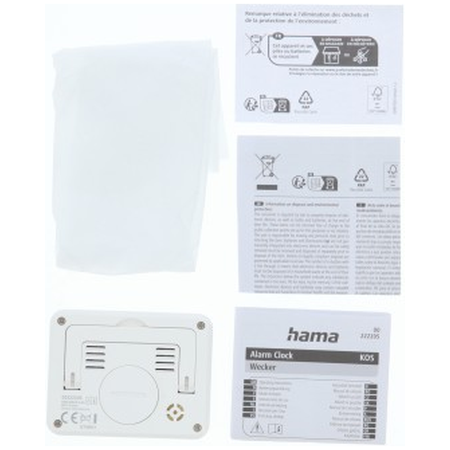 Witte verpakking, instructies en een witte Hama wekker.
