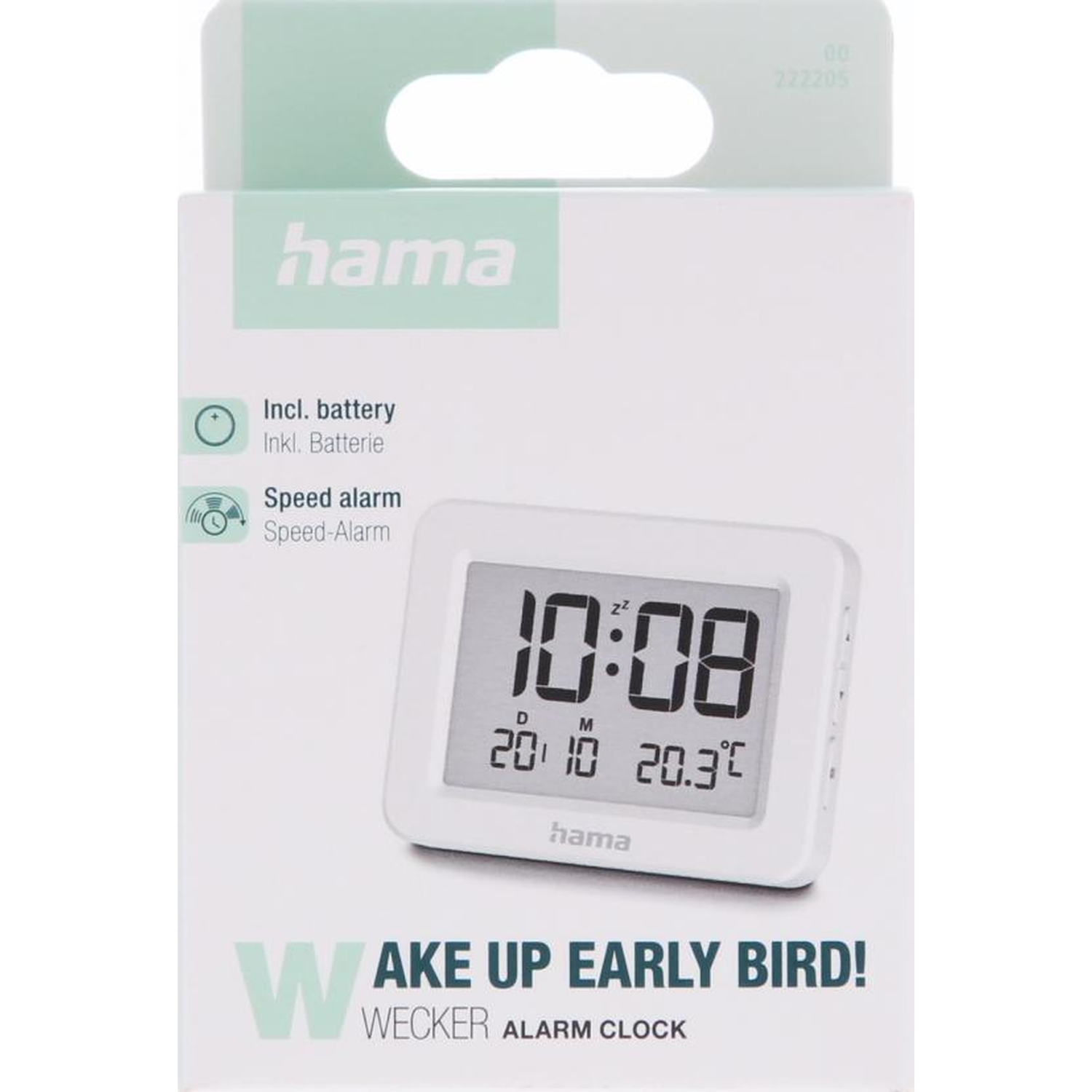 Witte Hama wekker met digitaal display 10:08, datum en temperatuur.