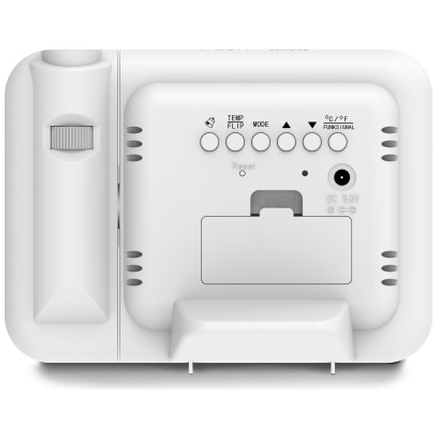 Witte digitale klok achterkant met knoppen voor temp, modus, reset en voeding.