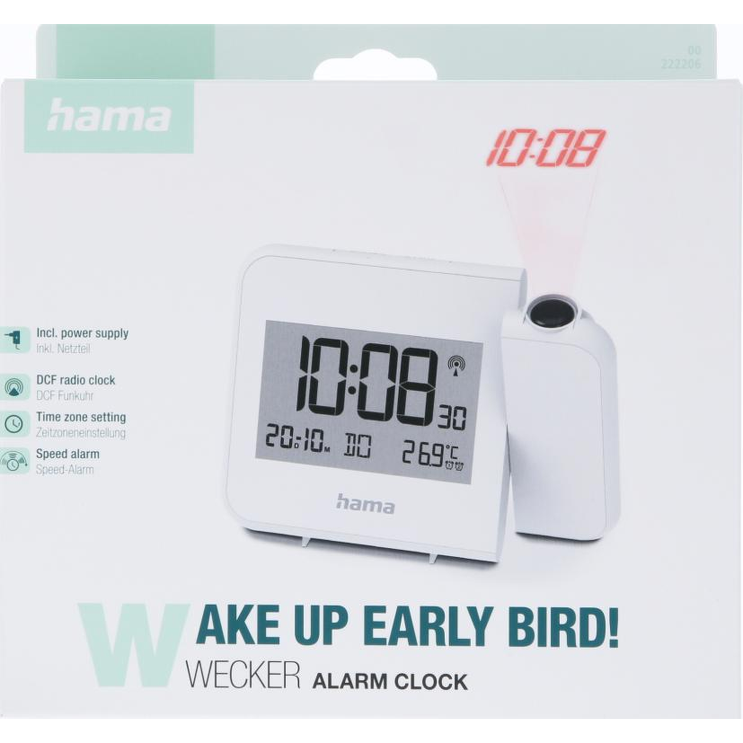 Witte Hama radio wekker verpakking met digitaal display en rode projectie.
