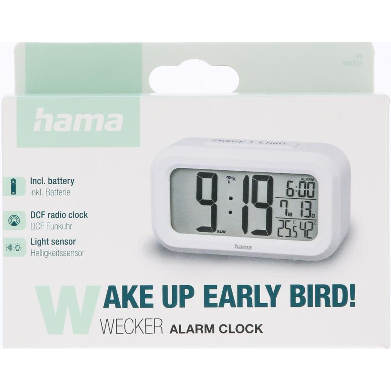 Hama digitale wekker met batterij, DCF radioklok en lichtsensor op verpakking.