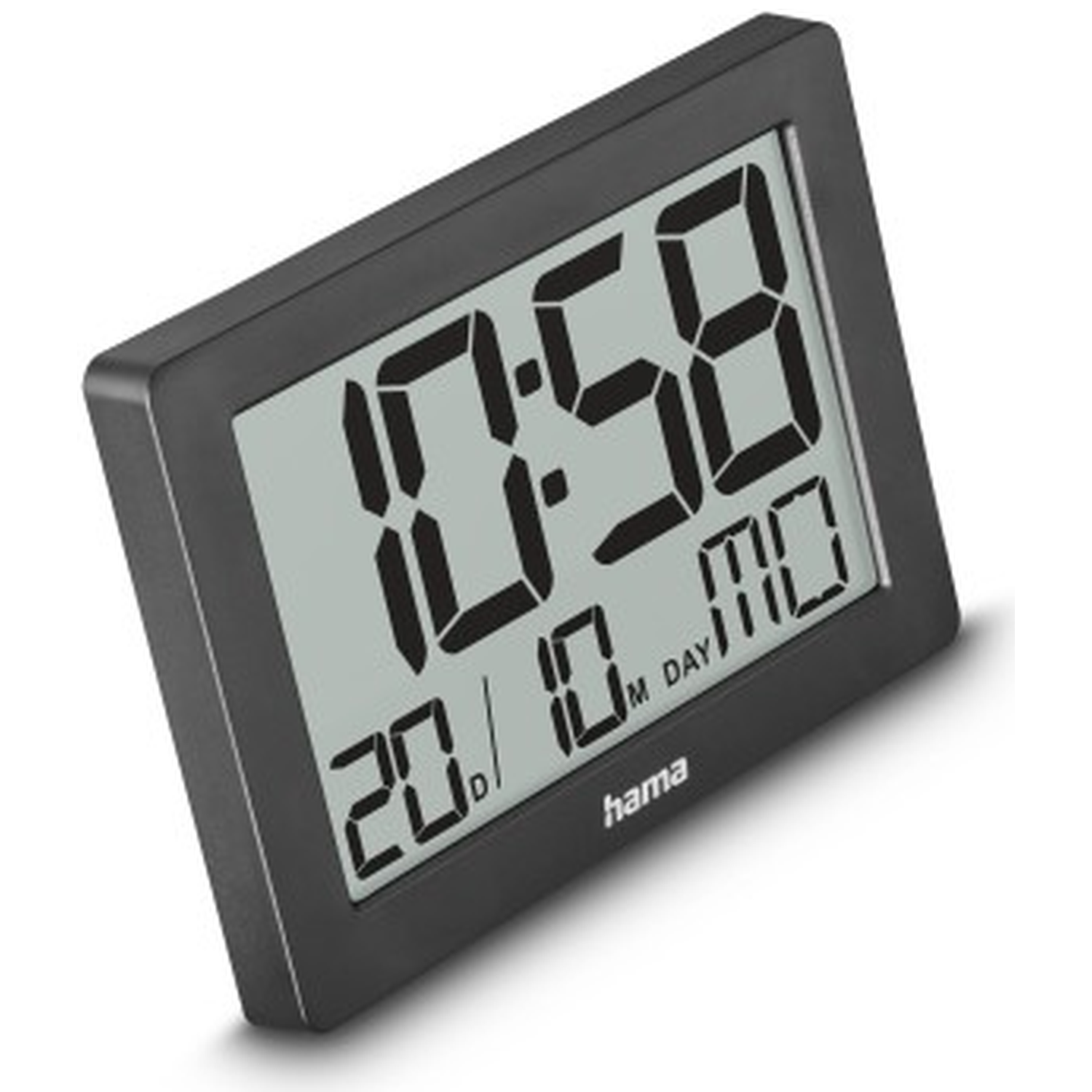 Een zwarte digitale wekker toont 10:58 en 20 oktober.