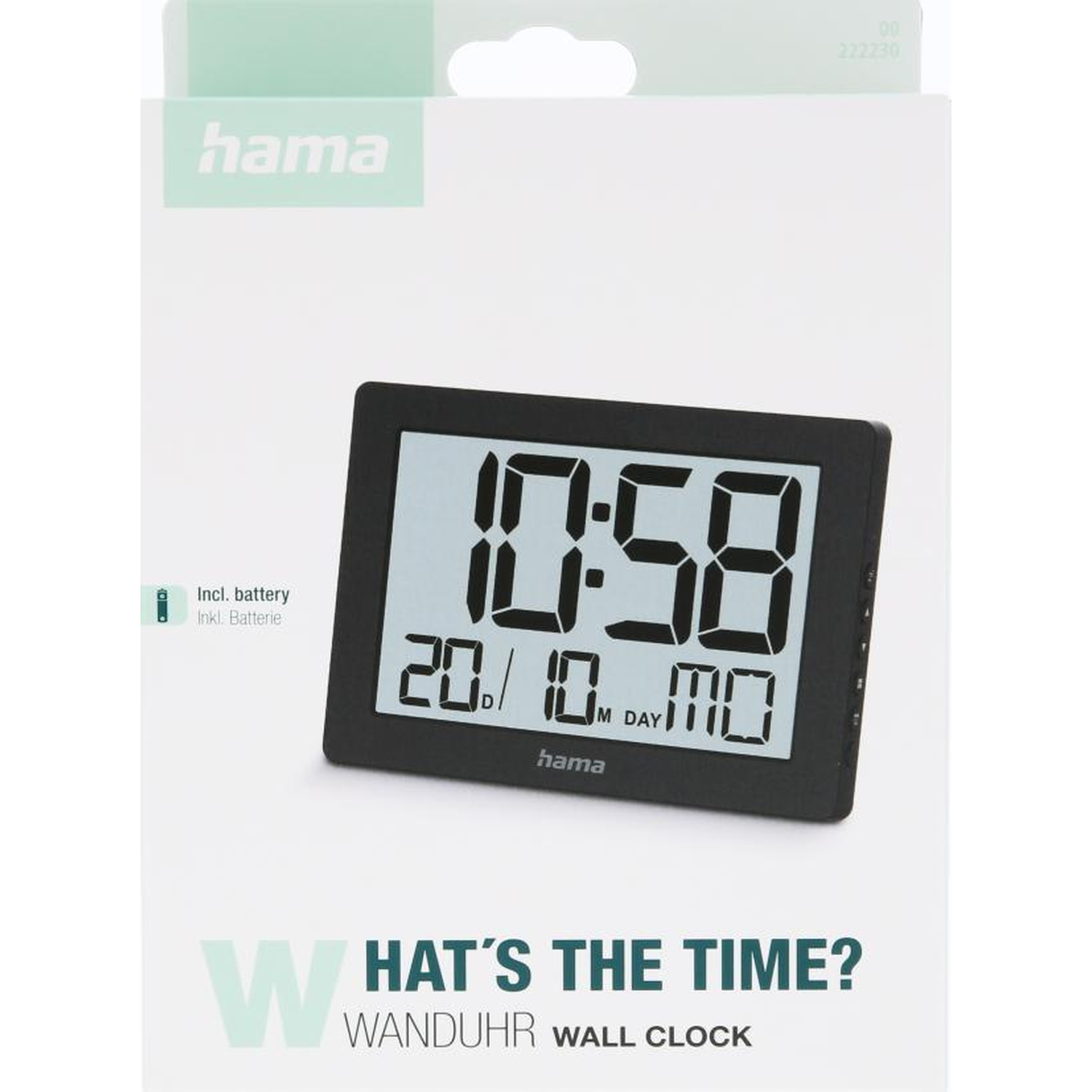 Hama digitale klok toont 10:58 en 20.10. MO. Incl. batterij.