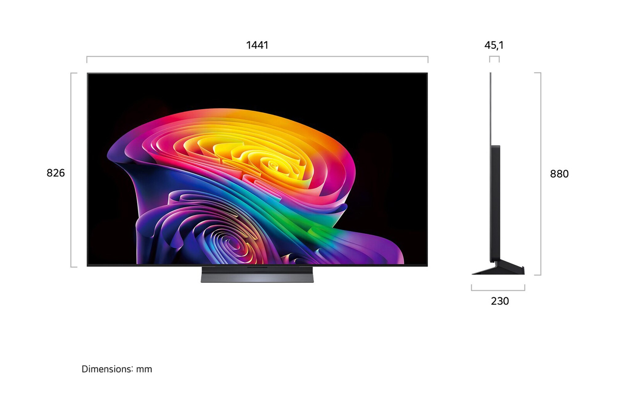 Une grande télévision affichant une image abstraite colorée. Les dimensions sont indiquées.