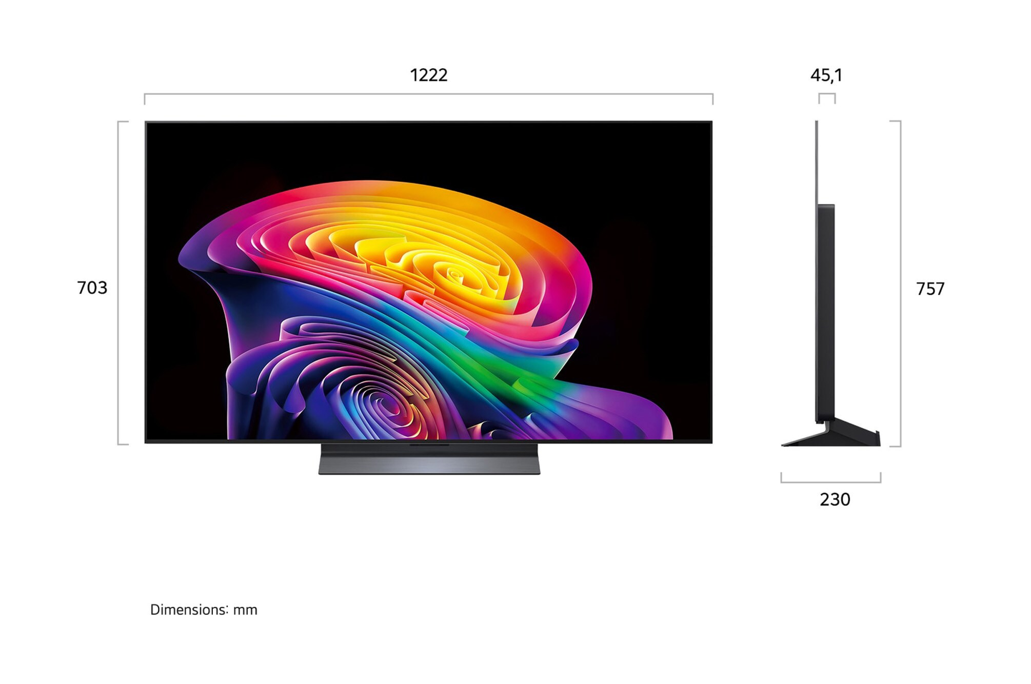 Un téléviseur moderne avec une image abstraite colorée et des dimensions.