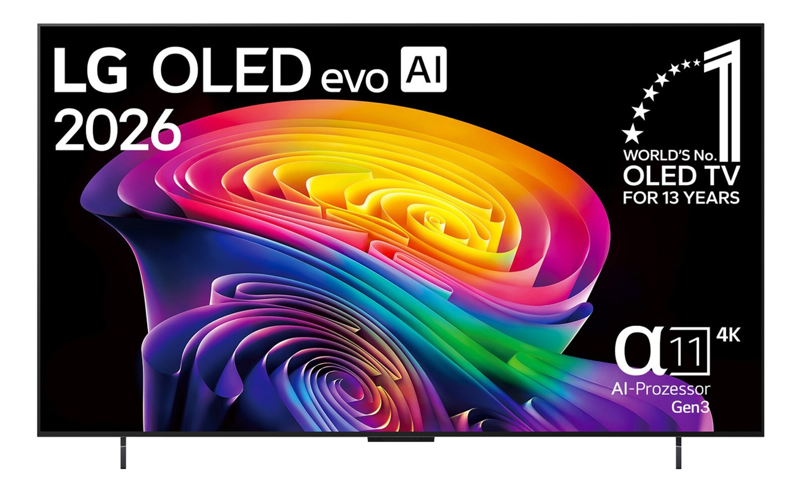 TV LG OLED evo AI 2026 avec écran coloré et sceau "N°1 mondial".