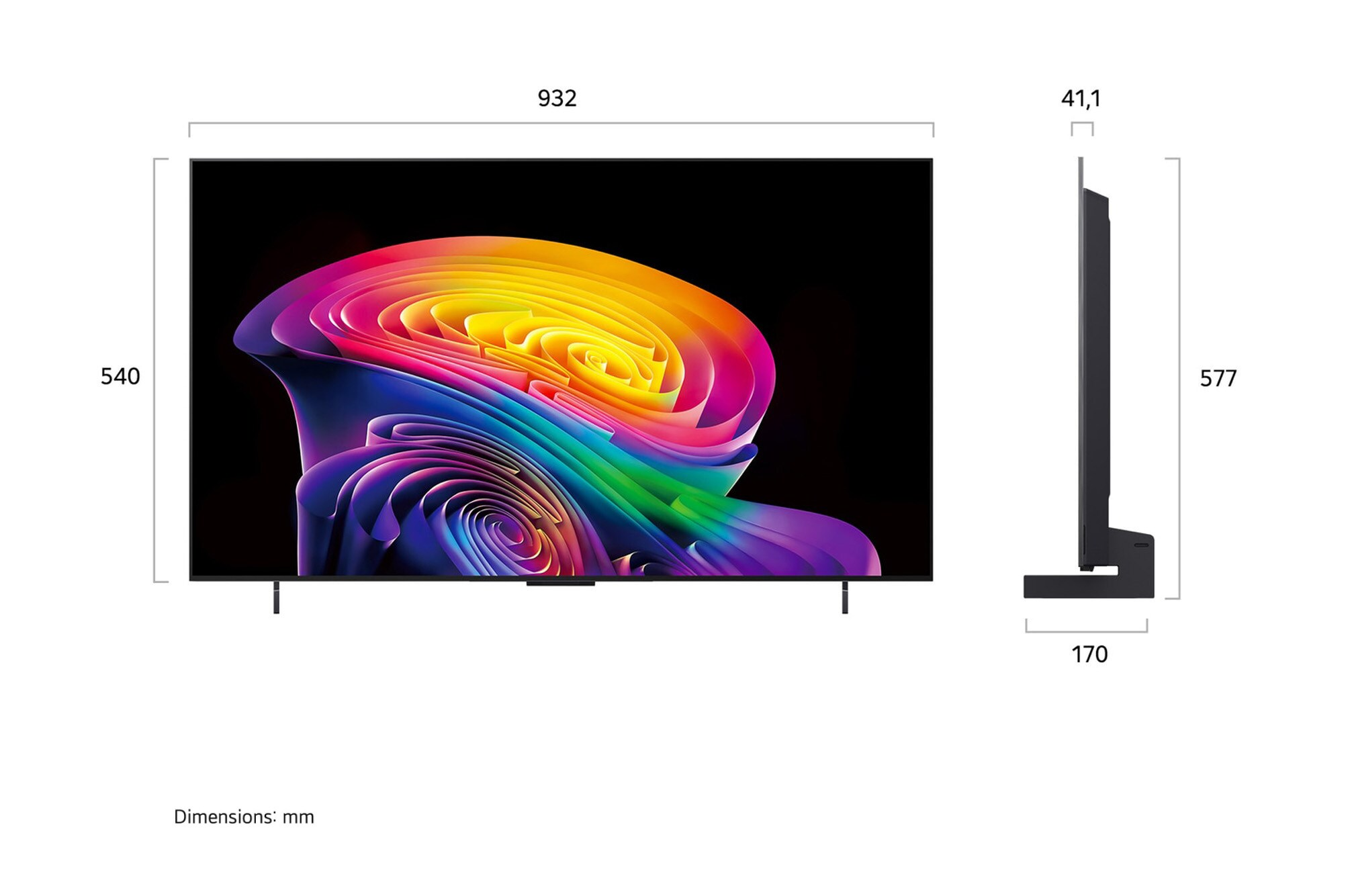 Une télévision moderne affichant un économiseur d'écran abstrait coloré, avec ses dimensions.
