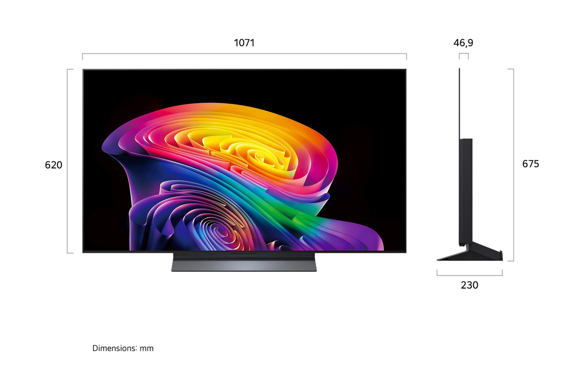 Une TV fine affichant un économiseur d'écran abstrait coloré, avec dimensions.