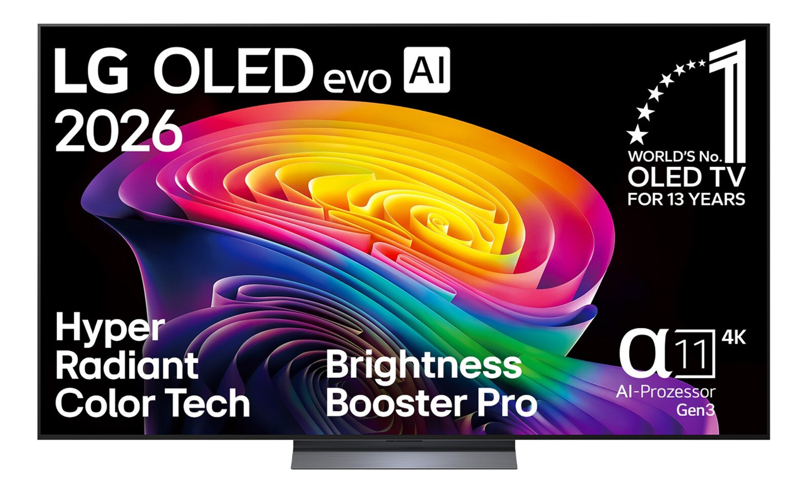 TV LG OLED evo AI 2026 avec des vagues colorées et du texte.