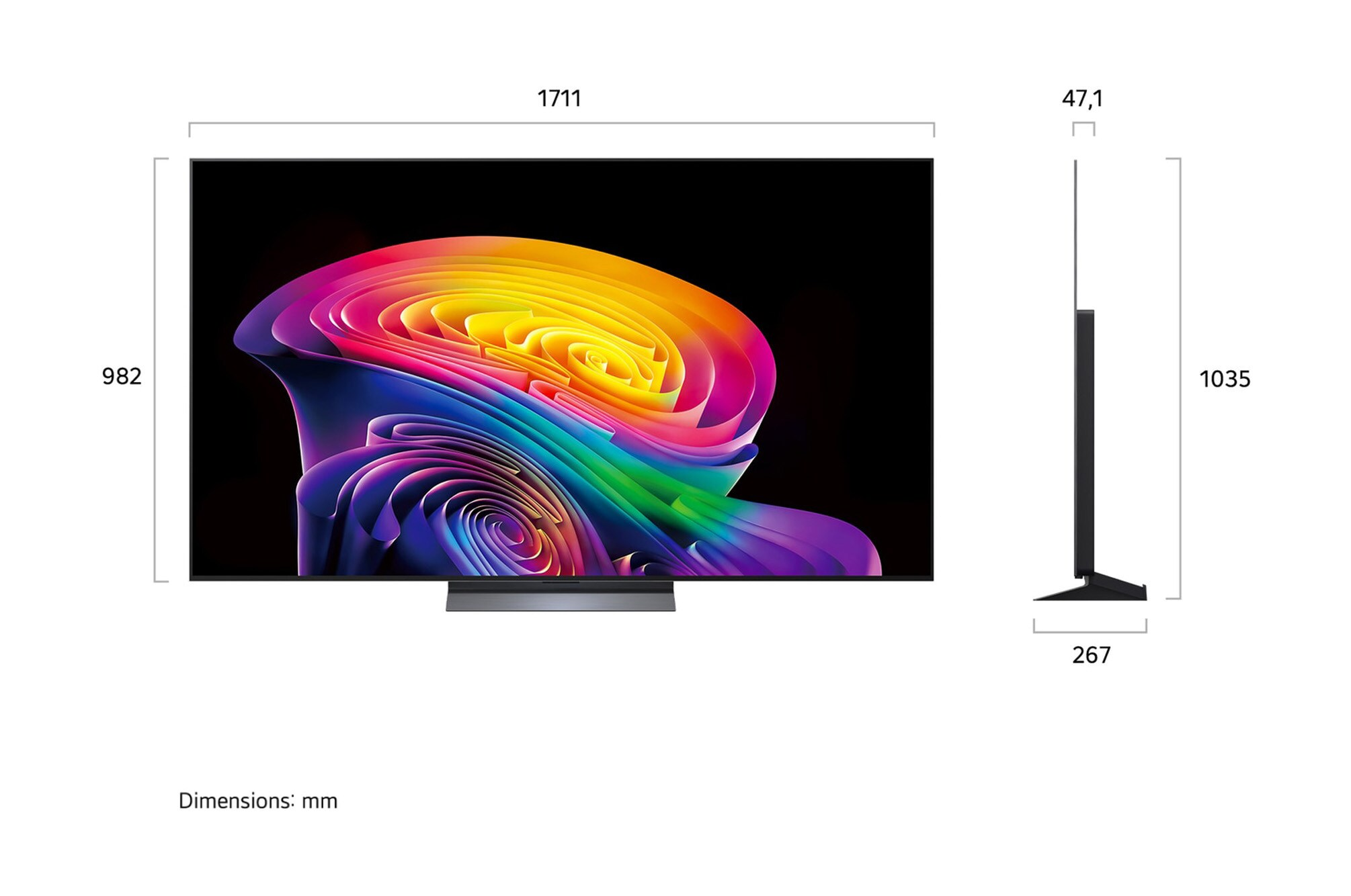 Une grande télévision affichant une image abstraite colorée avec dimensions.