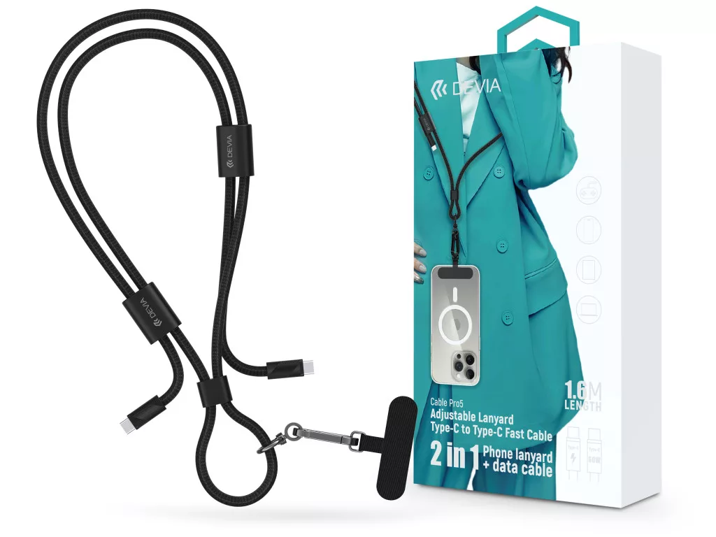 DEVIA Cable Pro5 USB-C adat és töltőkábel + nyakpánt, PD 60W, fonott, 1,6m, fekete (ST124950)