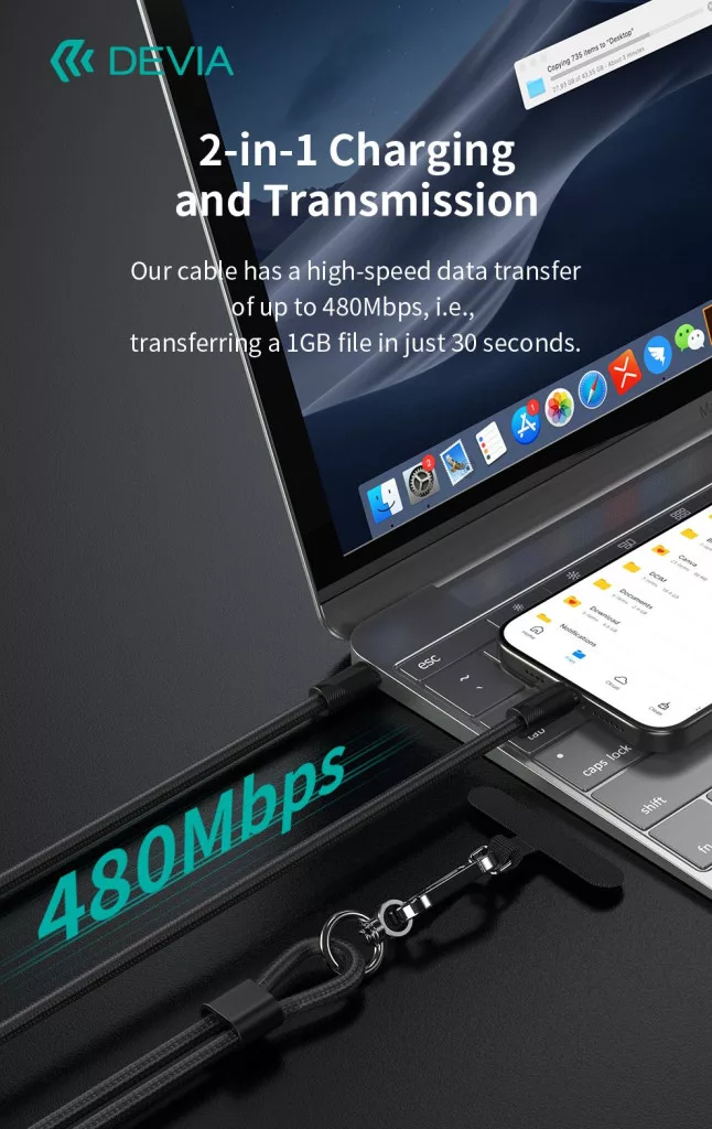 Fekete DEVIA töltőkábel laptopot és telefont köt össze. 480 Mbps adatátvitel.