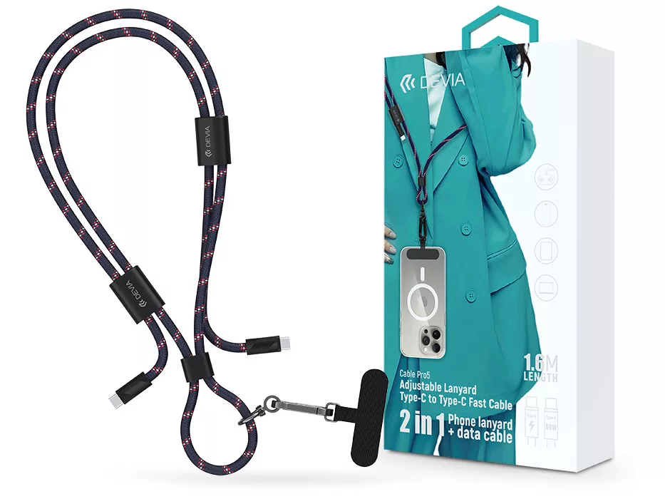 DEVIA Cable Pro5 USB-C adat és töltőkábel + nyakpánt, PD 60W, fonott, 1,6m, kék (ST124974)