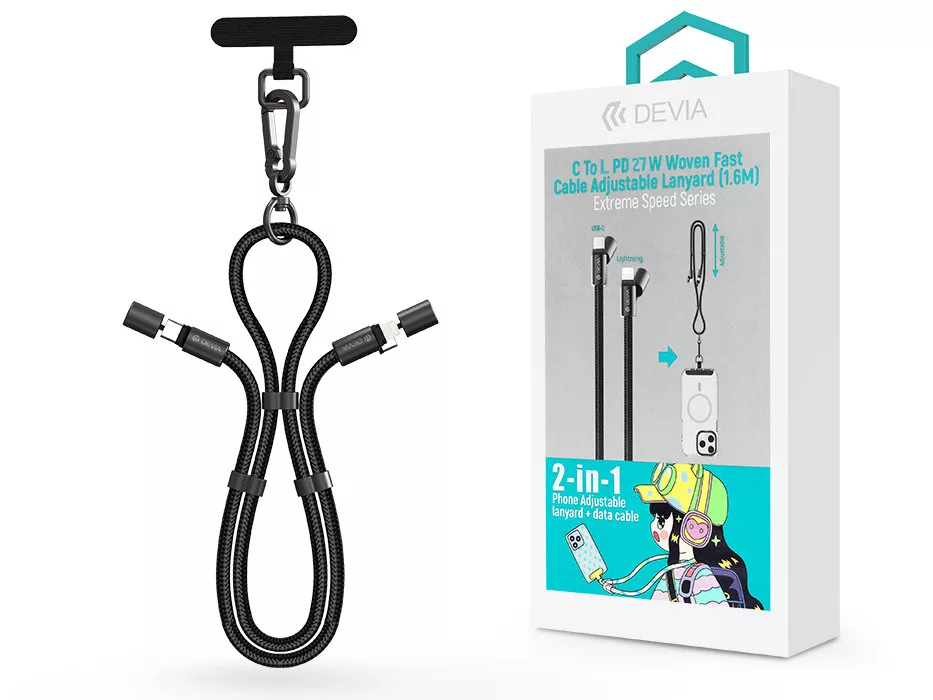 DEVIA Extreme Speed USB-C Lightning adat és töltőkábel + nyakpánt, PD 27W, fonott, 1,6m, fekete (ST112148)
