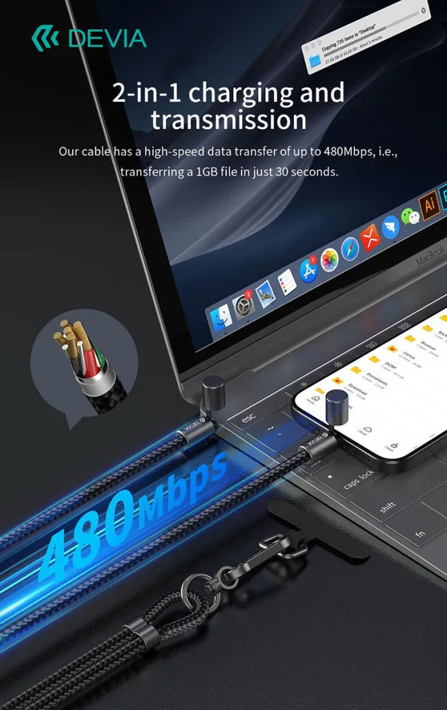 Egy töltőkábel csatlakoztat egy okostelefont egy MacBookhoz, 480Mbps sebességgel.