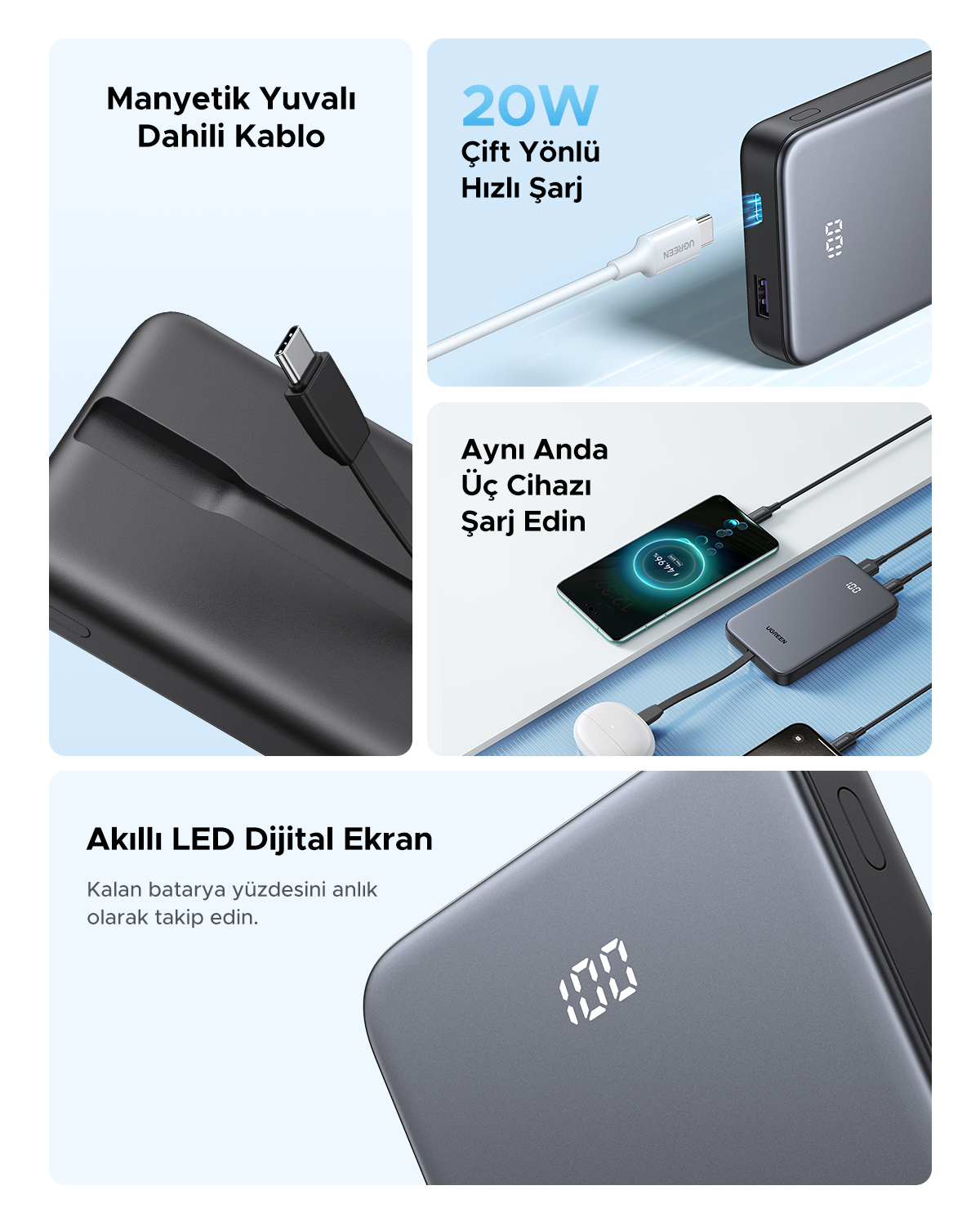 Kablolu, şarj göstergeli ve üç cihazlı gri powerbank.
